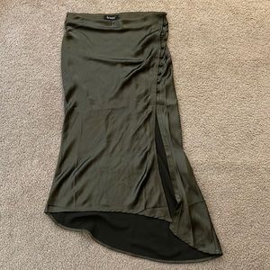 NWOT Olive green asymmetrical silky midi skirt